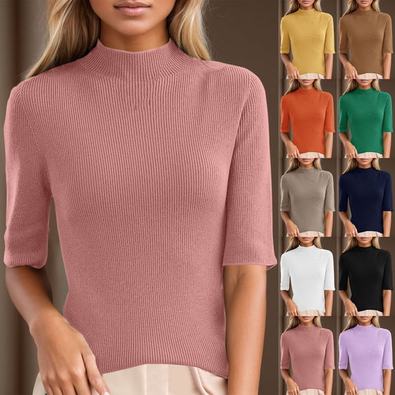 Baberdicy Black Short Sleeve Turtleneck Women Women's Slim Fit Sweaters 3/4 Sleeve Mock Neck Solid Color Casual Knit Tops, Yellow, Xxl