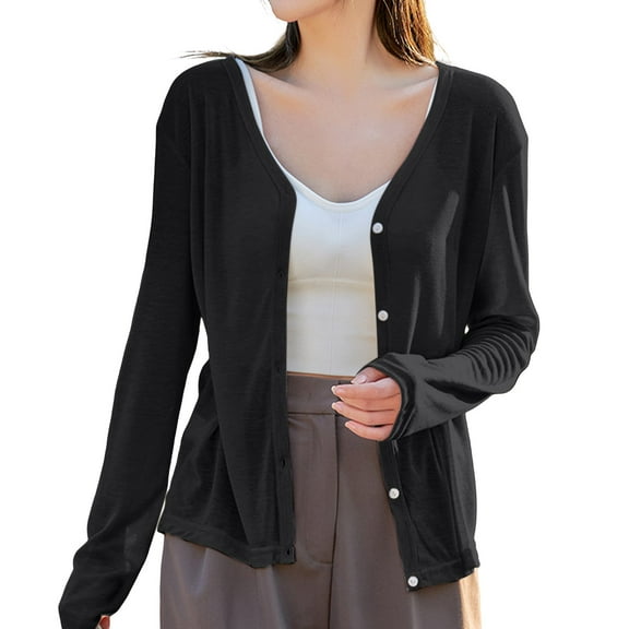 Baberdicy Black Women's Thin Long Sleeved V Neck Jacket Knitted Air Conditioning Shirt Cardigan Tops, L