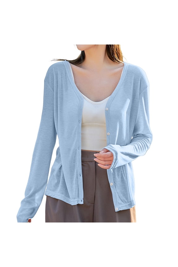 Blue Women's Thin Long Sleeved V Neck Jacket Knitted Air Conditioning Shirt Cardigan Tops, L