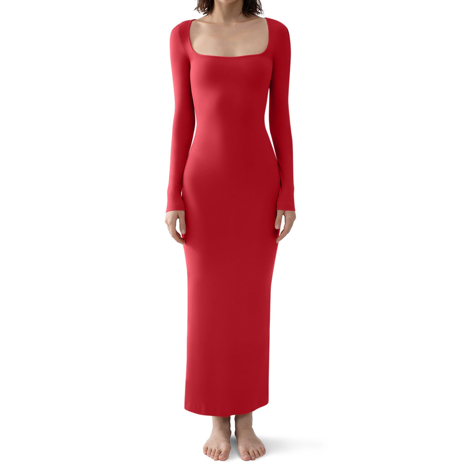 Baberdicy Bodycon Dress Women's Square Neck Long Sleeve Maxi Dress Soft Ribbed Bodycon Dresses