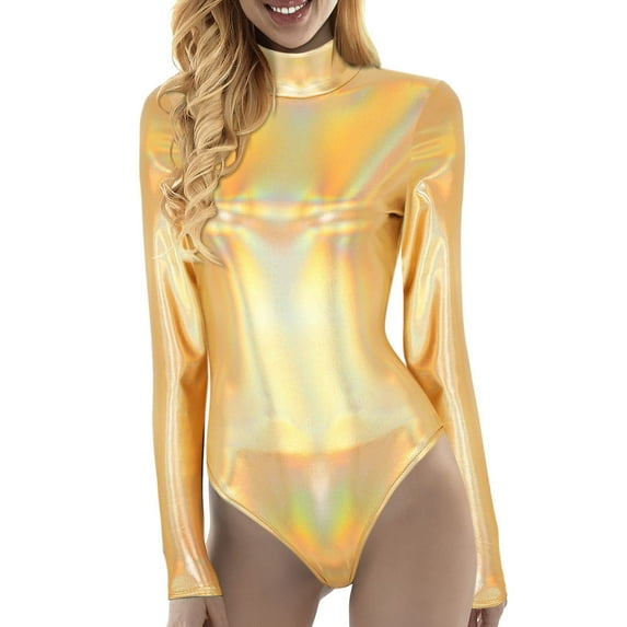 Baberdicy Bodysuits for Women, Women Yoga Jumpsuits Shiny Metallic Pvc Leather Mock Neck Long Sleeve Leotard Bodysuit Gold Mardi Gras