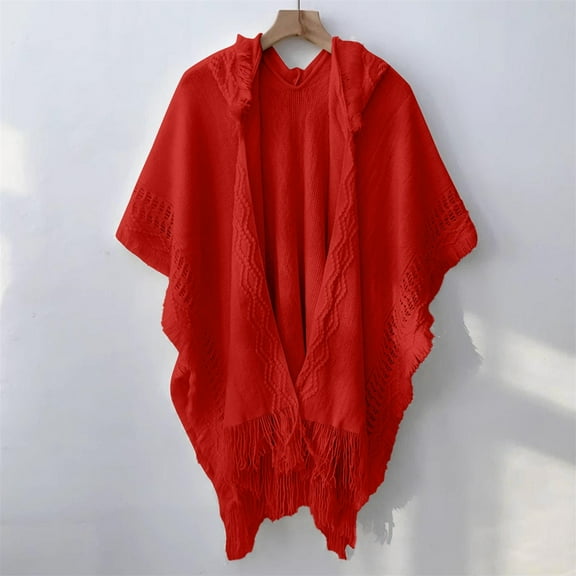 Baberdicy Cape Shawl Women, Ladies' Hooded Cape with Fringed Crochet Poncho, 2025 Autumn Winter Knitting Patterns for Women, Bohemian Style Warm Shawl And Outerwear Classic Red