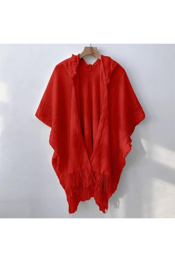 Cape Shawl Women, Ladies' Hooded Cape with Fringed Crochet Poncho, 2025 Autumn Winter Knitting Patterns for Women, Bohemian Style Warm Shawl And Outerwear Classic Red