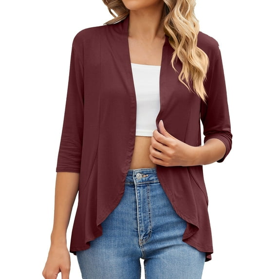 Baberdicy Cardigan Sweater Ladies Fashion Casual Solid Color Three Quarter Sleeve Sleeve Cardigan Short Small Coat Women's Cardigans Red 2