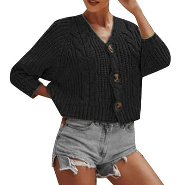 Baberdicy Cardigan Sweater Ladies Solid Color Button Sweater Knit Cropped Loose Cardigan Women's Cardigans Black