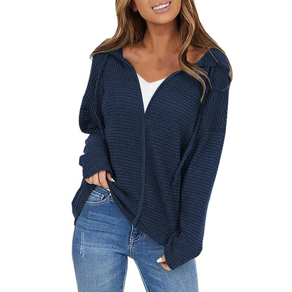 Baberdicy Cardigan Sweater Women's Autumn and Winter Fashion Solid Color Drawstring Hooded Solid Color Jacket Fashion Casual Cardigan Zipper Women's Cardigans Navy