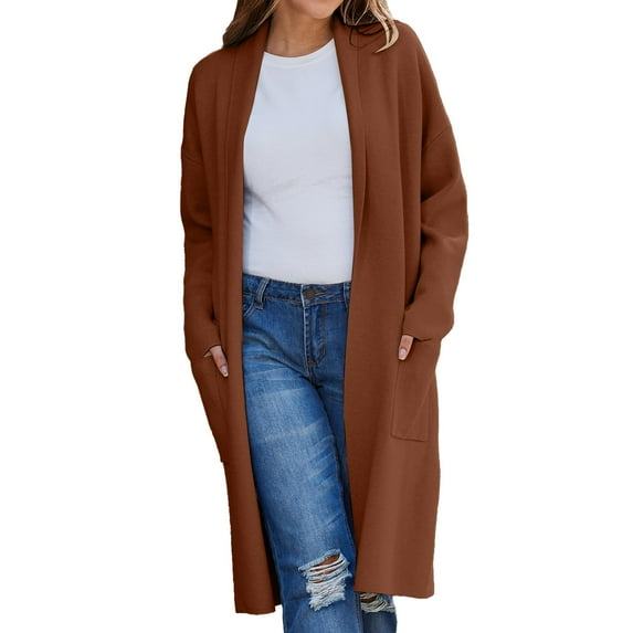 Baberdicy Cardigan Sweater Women's Autumn and Winter Solid Color Fashionable Thin Lapel Long Woolen Coat Casual Cardigan Women's Cardigans Brown