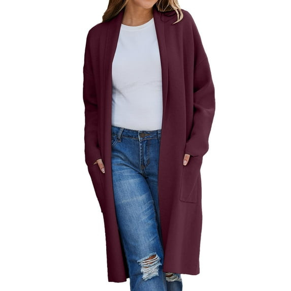 Baberdicy Cardigan Sweater Women's Autumn and Winter Solid Color Fashionable Thin Lapel Long Woolen Coat Casual Cardigan Women's Cardigans Wine