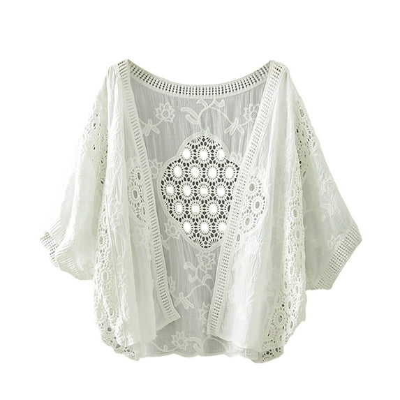 Baberdicy Cardigan Sweater Women's Embroidered Hollow Art Thin Top Cotton Short Bat Sleeve Cardigan Cropped Cardigan White