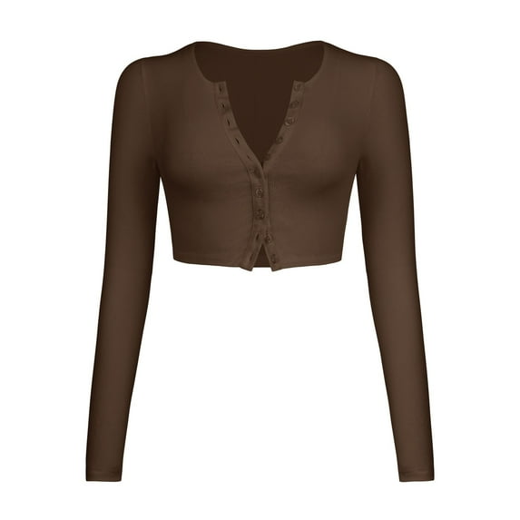 Baberdicy Cardigan Sweater Women's Fashion Cropped Rib Long Sleeve Knit Cardigan with Cropped Buttons Women's Cardigans Brown
