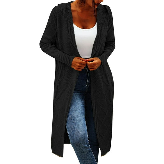 Baberdicy Cardigan Sweater Women's Solid Color Long Sleeved Hooded Medium Length Sweater Cardigan Women's Cardigans Black