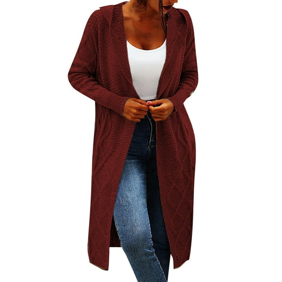 Baberdicy Cardigan Sweater Women's Solid Color Long Sleeved Hooded Medium Length Sweater Cardigan Women's Cardigans Red