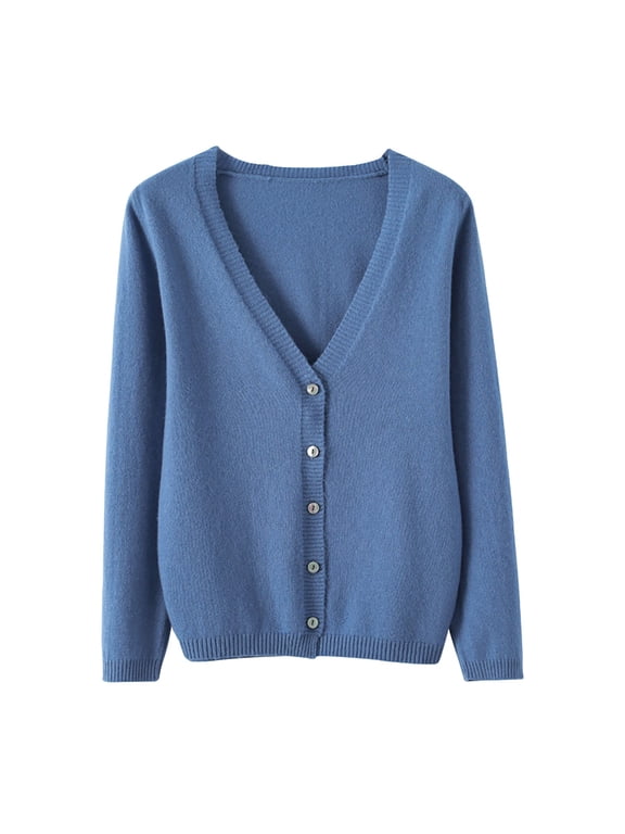 Cardigan Sweater Women's Spring and Autumn Leisure Loose Solid Long Sleeve V Neck Button Knitted Soft Cardigan Coat Women's Cardigans Blue