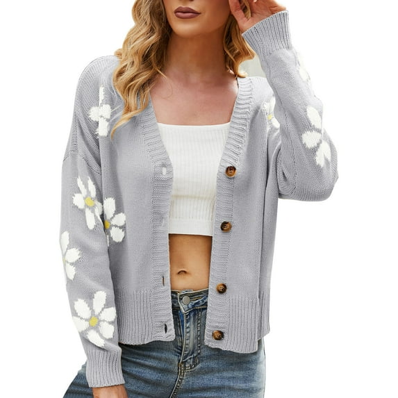 Baberdicy Cardigan Sweater Women's Sweater 2023 Fall Long Sleeve Casual Print Jumper Knitted Cardigan Loose Preppy Sweater Cardigan Women's Cardigans Grey