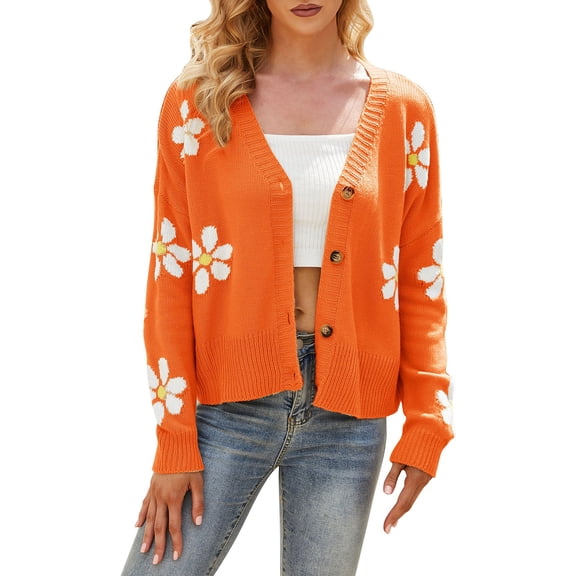Baberdicy Cardigan Sweater Women's Sweater 2023 Fall Long Sleeve Casual Print Jumper Knitted Cardigan Loose Preppy Sweater Cardigan Women's Cardigans Orange