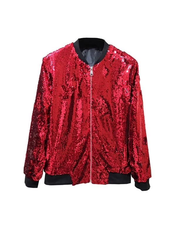 Cardigan Sweaters for Women Lightweight Women's Shiny Sequin Long Sleeved Zippered Jacket Halloween Party Pilot Jacket Plus Size Tops Red