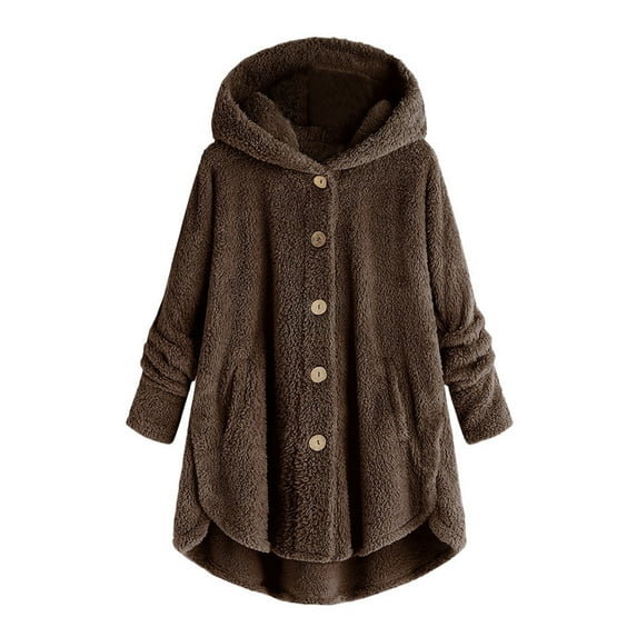 Baberdicy Cardigan for Women, Women Plus Size Button Plush Tops Hooded Loose Cardigan Wool Coat Winter Jacket Cardigan Sweaters for Women Coffee M