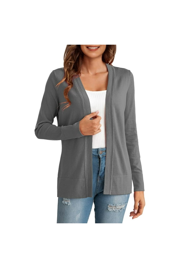 Cardigan for Women, Women's Solid Color Long Sleeved Buttonless Casual Knitted Sweater Cardiganlady Automobiledigan Dark Gray 2Xl