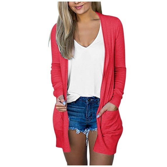 Baberdicy Cardigan for Women, Womens Ladies Solid V-Neck Cardigan Long Sleeve Coat Pockets Outerwear Cardigan Sweaters for Women Red 4Xl