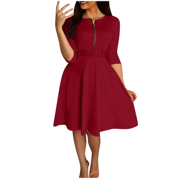 Baberdicy Casual Dress Women Fashion Round Neck Solid Three Quarter Sleeve Dress Party Dress Sundress Red L2
