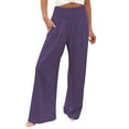 thumbnail image 1 of Baberdicy Casual Pants Women High Waist Wide Leg Palazzo Pants for Women Smocked Elastic Waist Loose Comfy Casual Pajama Pants Pockets Ladies Pant, E-Purple, Size: 4XL, 1 of 7