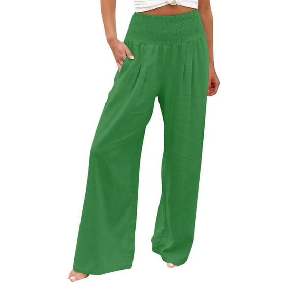 Baberdicy Casual Pants Women High Waist Wide Leg Pants for Women Smocked Elastic Waist High Waist Loose Comfy Casual Pants with Pockets Girl Casual Pants, L-Green, Size: L