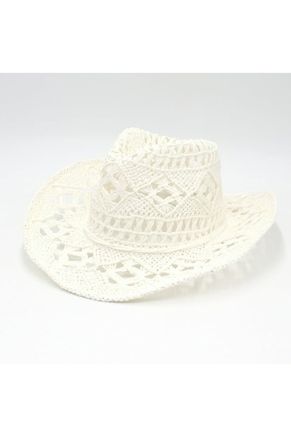 Casual Western Hat, White Khaki Lace-Up Cowboy Hat – Breathable Straw for Beach Vacations, Music Festivals & Boho Looks Unisex, 57 Cm One Size