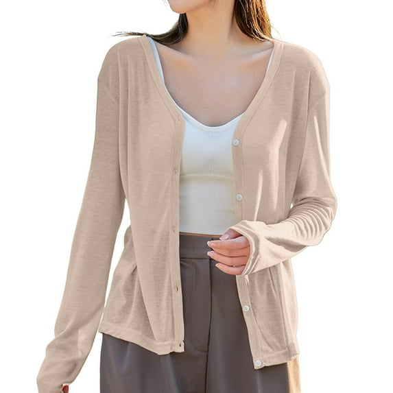 Baberdicy Coffee Women's Thin Long Sleeved V Neck Jacket Knitted Air Conditioning Shirt Cardigan Tops, L