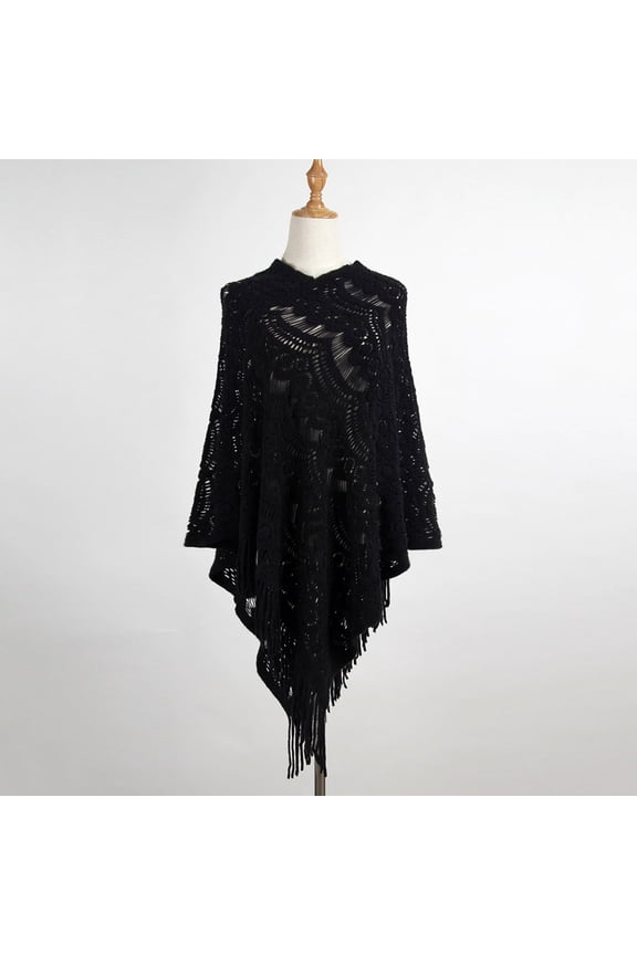 Crochet Cape Poncho, Women's Poncho Women's Crochet Tassel Cape – Asymmetric Hem Knit Shawl for Boho Looks, Black, One Size