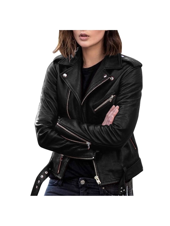 Cropped Jacket Women Plus Size Fashion Leather Jacket Long Sleeve Zipper Fitted Artificial Leather Coat Fall Short Jacket Slim Coat Lady Coat ( Black 3XL )