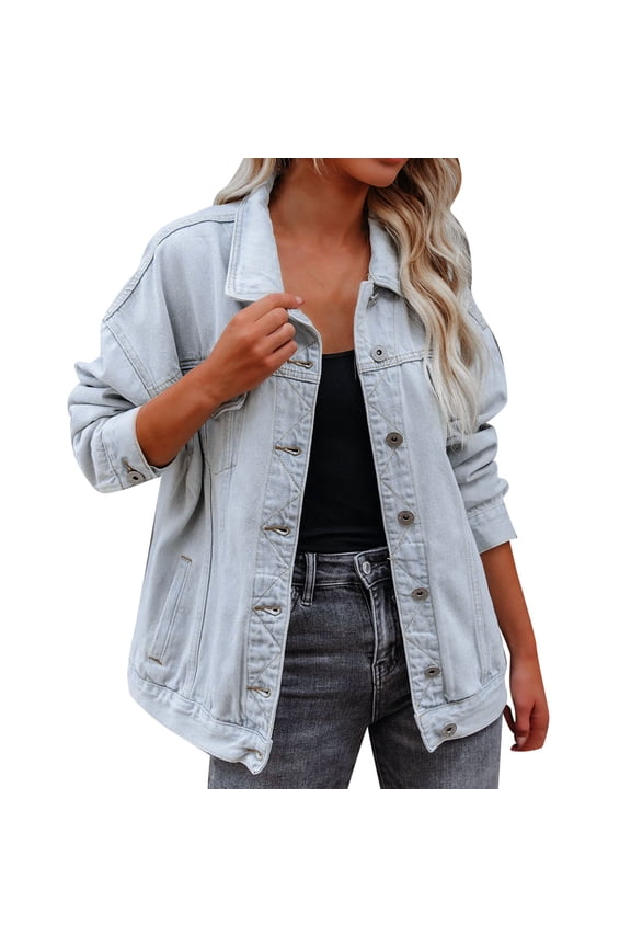 Denim Jacket Women Fashion Casual Oversized Denim Jacket Long Sleeve Single Breasted Drop Shoulder Pocket Trucker Denim Jacket Coat Denim Coat Light Blue
