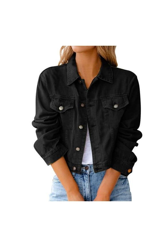 Denim Jacket Women Vintage Lapel Button Down Long Sleeve Pocket Distressed Crop Denim Shirt Jean Jacket Teen Girls Coat Denim Jacket Black