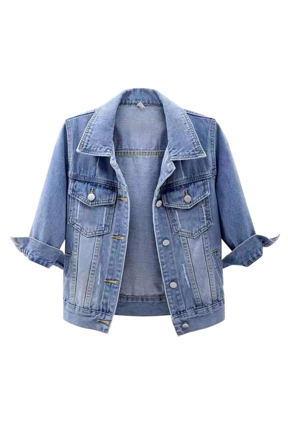 Denim Jacket Women's 3/4 Sleeve Colored Cropped Denim Jacket Light Wash Jacket Coat Denim Coat Blue 2