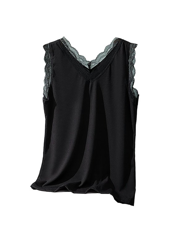 Double V-Neck Lace Trim Tank - Women's Summer Layering Sleeveless Blouse, Sheer Mesh Fashion Top for Night Out (Black | XXL)