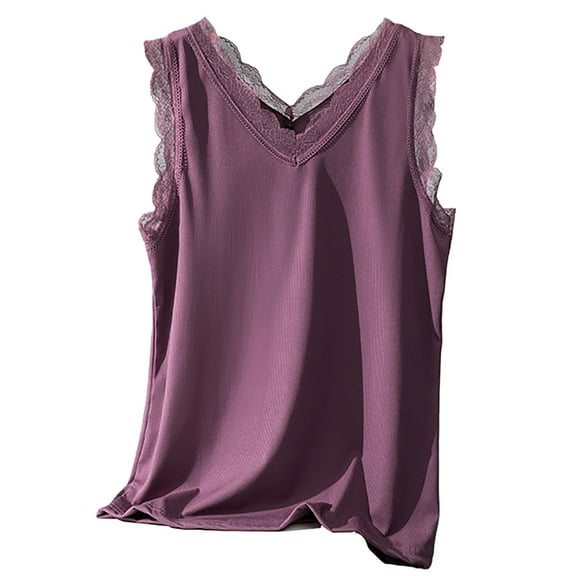 Baberdicy Double V-Neck Lace Trim Tank - Women's Summer Layering Sleeveless Blouse, Sheer Mesh Fashion Top for Night Out (Hot Pink | XXL)