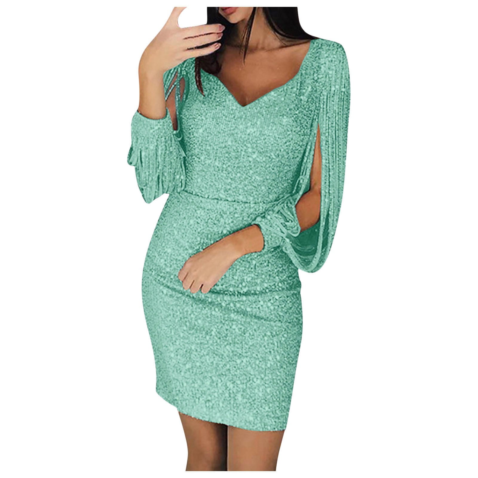 Baberdicy Dress Women Party Dress Solid Sequined Stitching Dress Shining  Club Long Sleeved Mini Elegant Dress Mint Green L - Walmart Business  Supplies