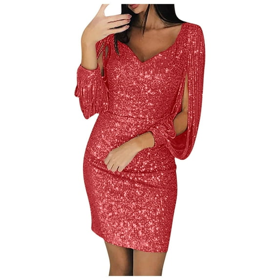 Baberdicy Dress Women Party Dress Solid Sequined Stitching Dress Shining Club Long Sleeved Mini Elegant Dress Red 2xl