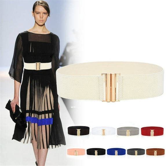 Baberdicy Elastic Wide Belt – Stretch 65-105 Cm, Gold Buckle, Cinch Dress | Office, Date, Brunch | Deep Cobalt, One Size,Optical White Fits All – Gift Ready