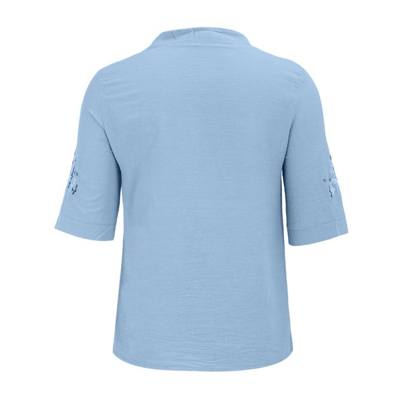 Baberdicy Embroidered Linen T-Shirt - Women's Round Neck Short Sleeve Top, Casual Breathable Cotton Blend Summer Tee with Floral Stitching (Blue | XL)