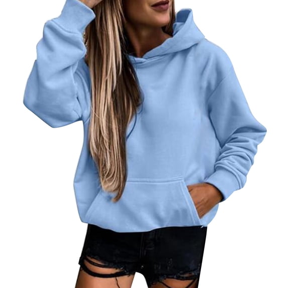 Baberdicy Essentials Hoodie Women Daily Hooded Sweatshirt Long Sleeve Casual Pocket Pullover Shirt Blouse Hoodies for Women Sky Blue
