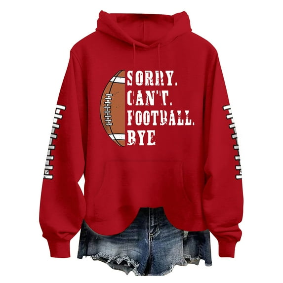 Baberdicy Essentials Hoodie Women's Long Sleeved Loose Fitting Sorry Can'T Football Bye Printed Hoodie with Pockets Hoodies for Women Red