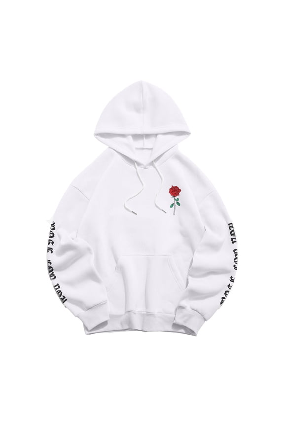 Essentials Hoodie Women's Rose for You Letter Rose Printed Long Sleeved Hoodie with Pockets Hoodies for Women White