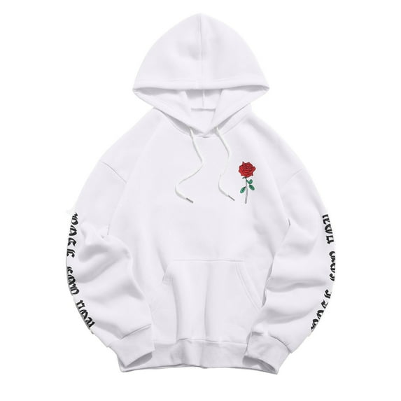Baberdicy Essentials Hoodie Women's Rose for You Letter Rose Printed Long Sleeved Hoodie with Pockets Hoodies for Women White