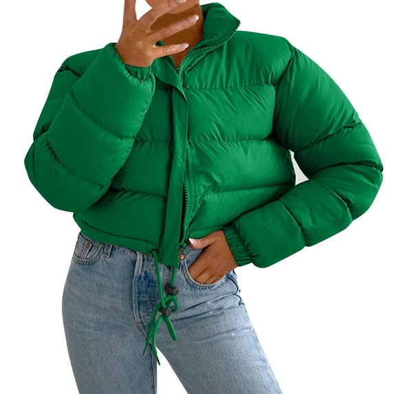 Baberdicy Essentials Women's Heavyweight Puffer Jacket Women Autumn and Winter Long Sleeved Zipper Drawstring Waist Stand Up Collar Solid Color Bread Coat Cotton Coat Green