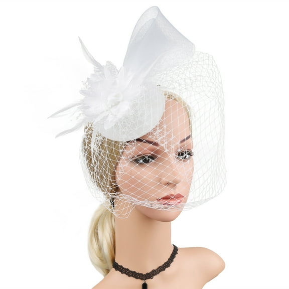 Baberdicy Evening Party Hairpin, White Vintage Netting Fascinator – Feather Headpiece for Cocktail Parties, Weddings & Theatre | Headband Attachment One Size
