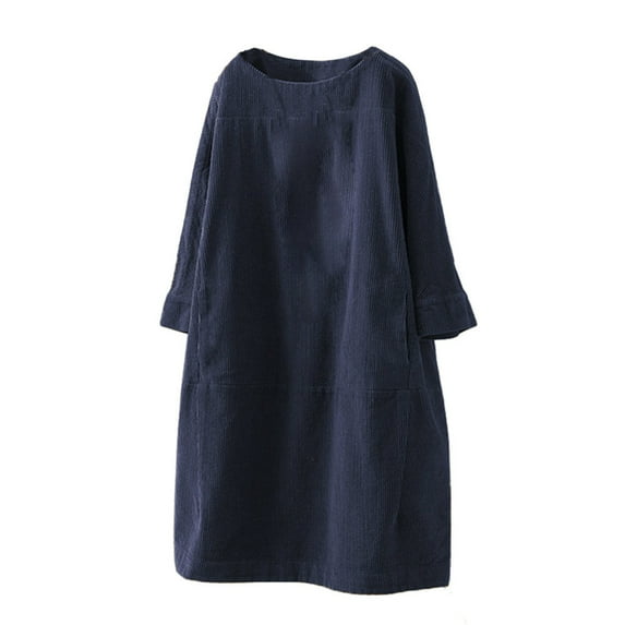 Baberdicy Fall Dresses Women Vintage Pockets Corduroy Solid Color Long Sleeve Loose Casual Dress Blue 3Xl