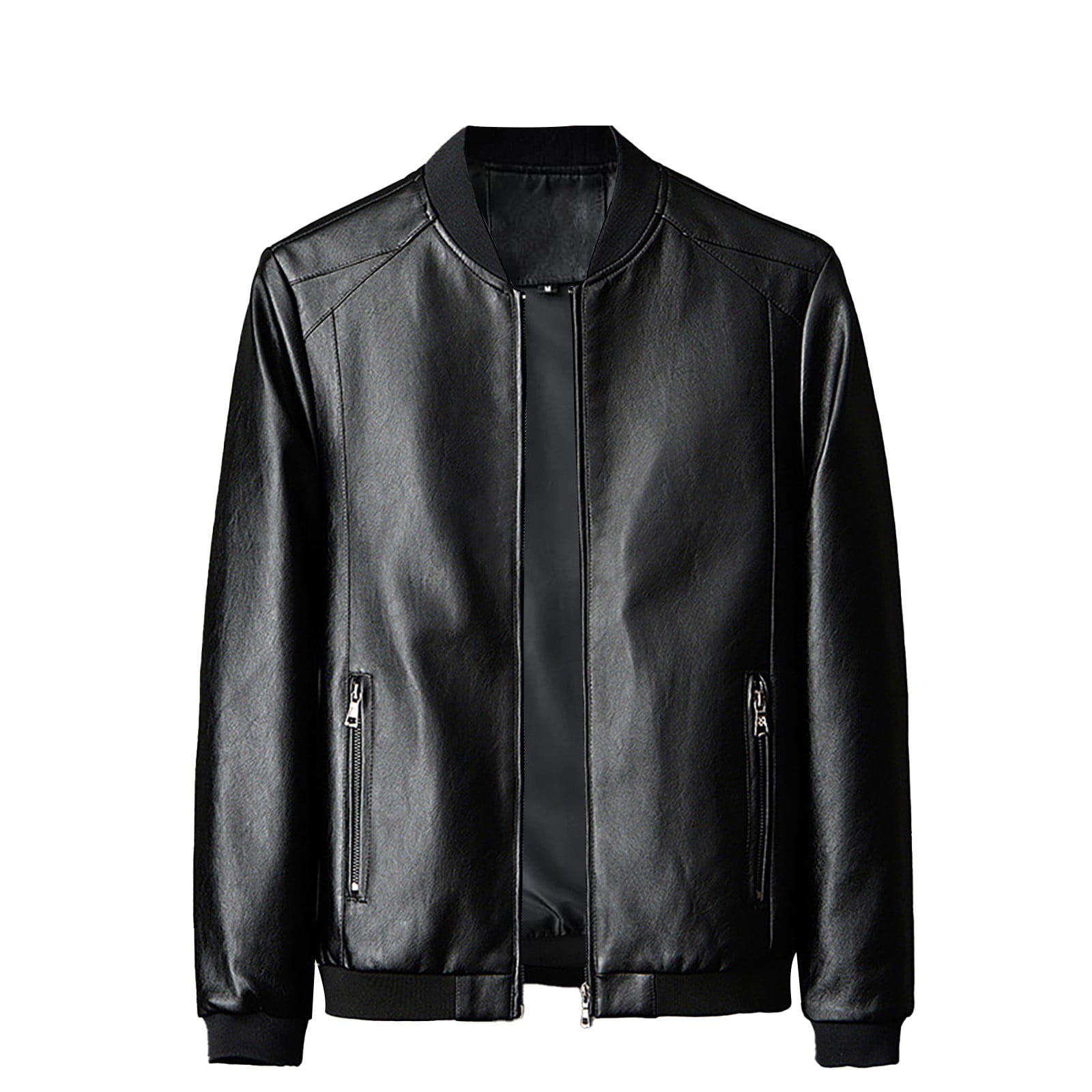 Baberdicy Faux Leather Jacket Mens Casual Baseball Collar Coat Leather Coat, Classic Windproof Outwear Black M