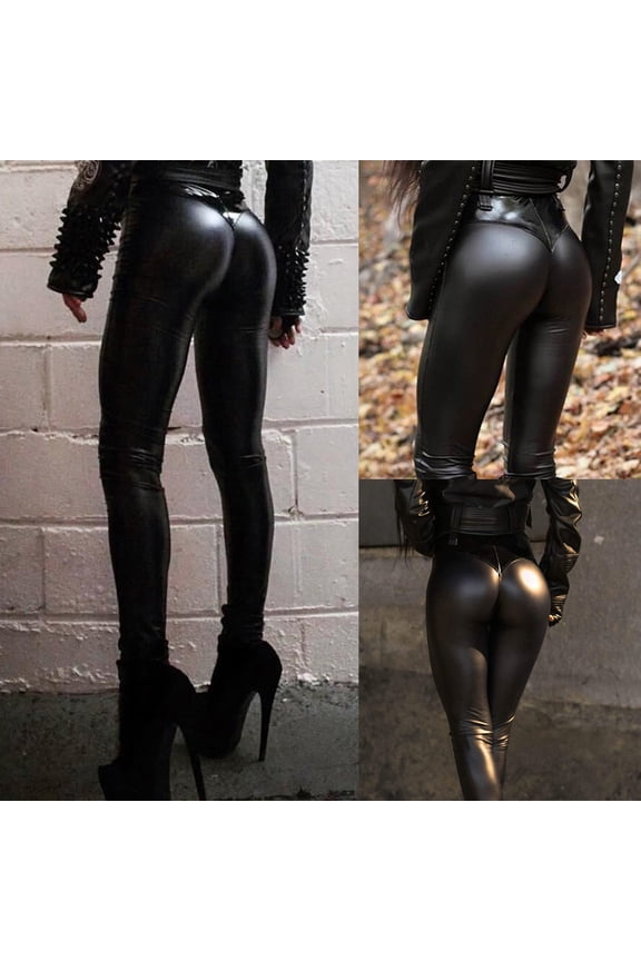 Faux Leather Pants, Women's Pants Women's High-Waist Leather-Look Pants – Stretch Skinny Trousers for Night Outs, Concerts & Date Nights | Faux Leather, Tummy-Control Panel, Black, L