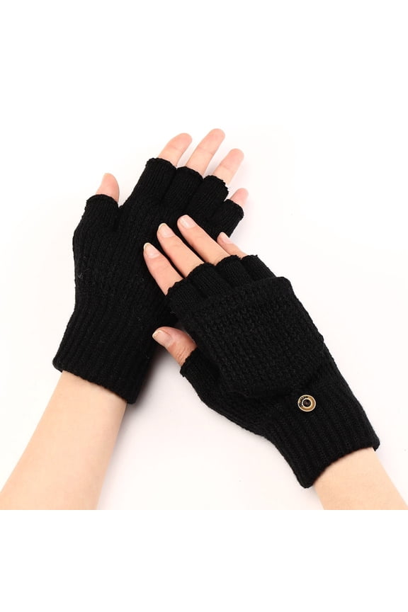 Unisex Adult Convertible Fingerless Knit Flip-Top Gloves, Black, Fits Most