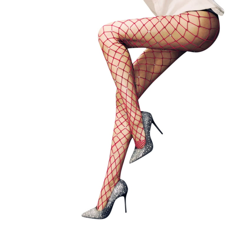 Baberdicy Fishnet Tights Women Sexy Solid Color with Diamond Body Stockings  Pantyhose Tights Stockings Socks for Women Red 